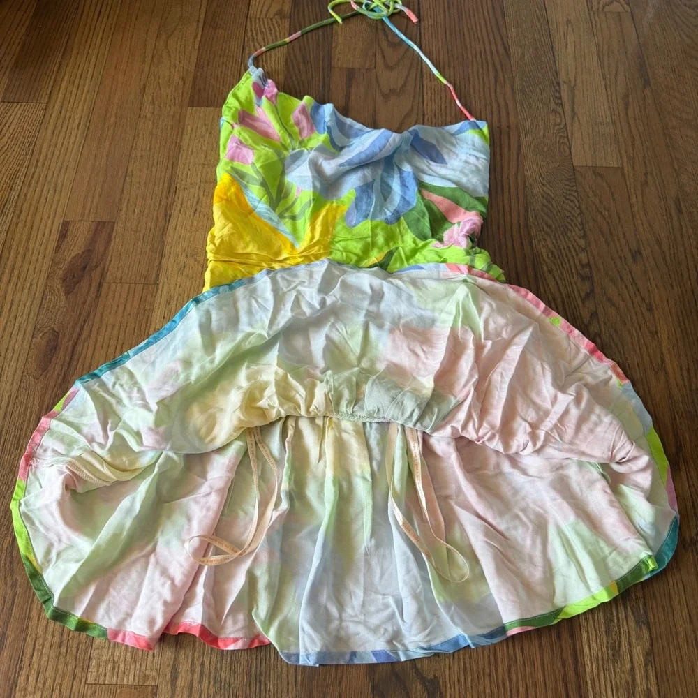 Farm Rio Love of Flower Short Dress Neon Floral Draped Cowl Neck Open Back Sz S - Picture 12 of 16